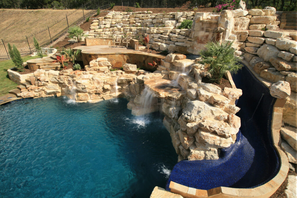 Large Hill Country Waterfall with Slide and Small Grotto Rock